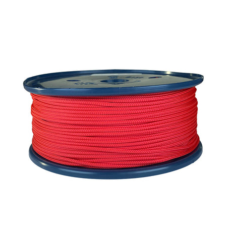 spool of 2mm red braided cord on a plastic reel on a white background