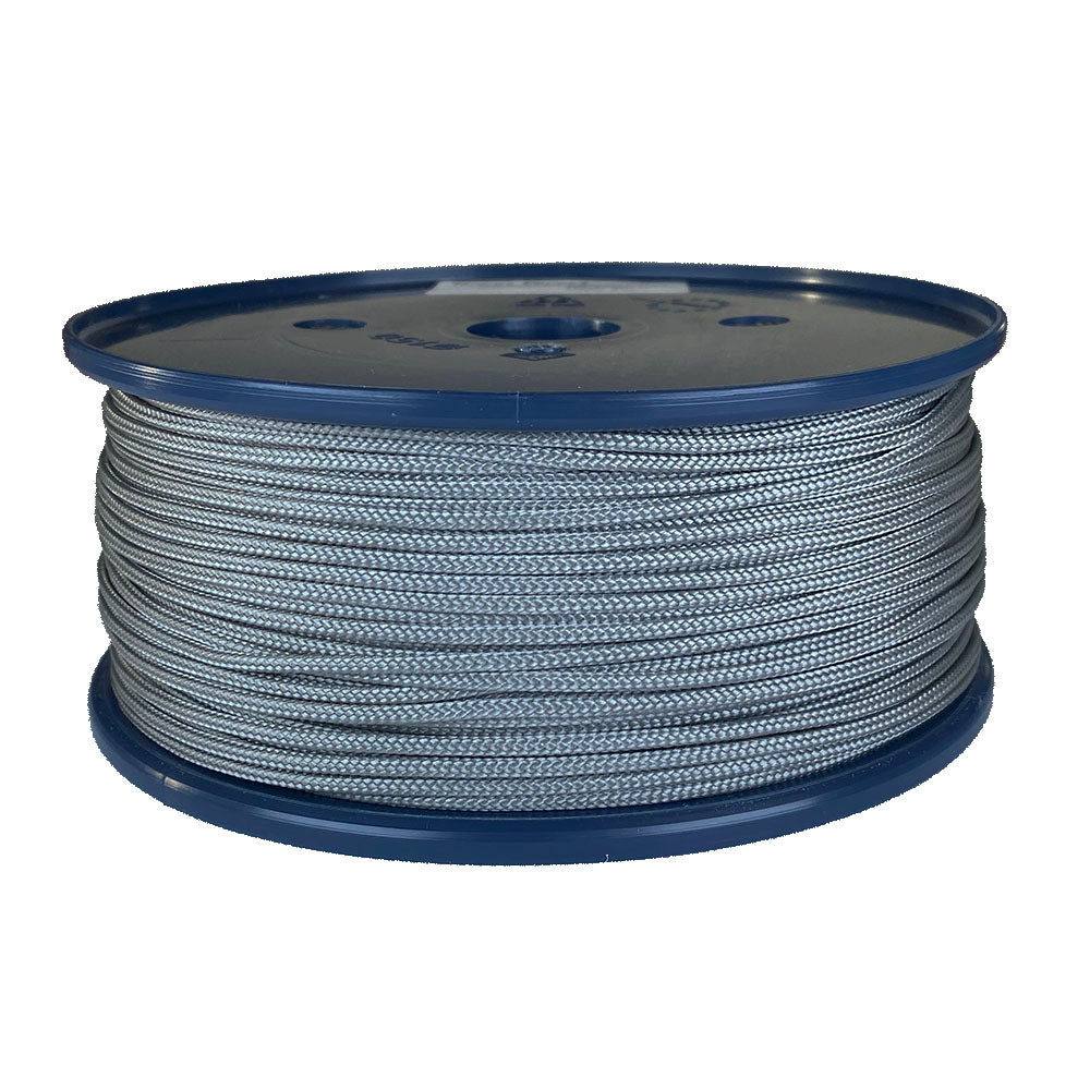spool of 2mm silver braided cord on a plastic reel on a white background