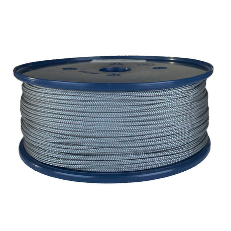 spool of 2mm silver braided cord on a plastic reel on a white background