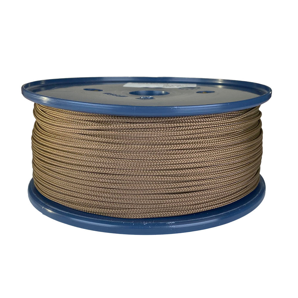 spool of 2mm brown braided cord on a plastic reel on a white background
