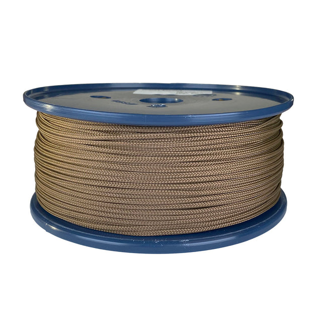 spool of 2mm brown braided cord on a plastic reel on a white background
