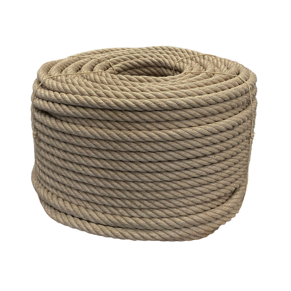 Coil of 30mm brown jute rope tied with twine against a white background