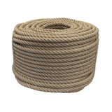 Coil of 30mm brown jute rope tied with twine against a white background