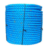 Coil of 32mm blue polypropylene rope with a red fleck on a white background