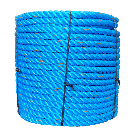 Coil of 32mm blue polypropylene rope with a red fleck on a white background