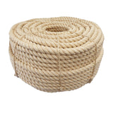 Coil of 32mm natural sisal rope tied with twine against a white background