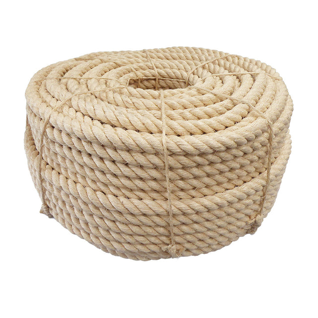 Coil of 32mm natural sisal rope tied with twine against a white background
