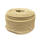 Coil of natural coloured 32mm synthetic hemp rope on a white background