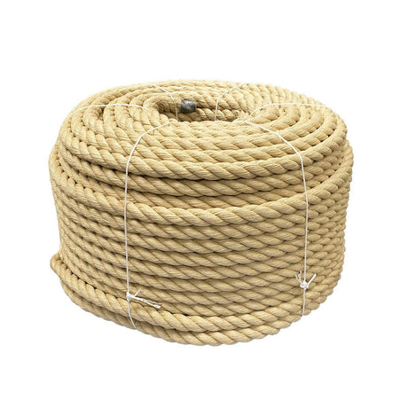 Coil of natural coloured 32mm synthetic hemp rope on a white background