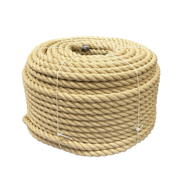 Coil of natural coloured 32mm synthetic hemp rope on a white background