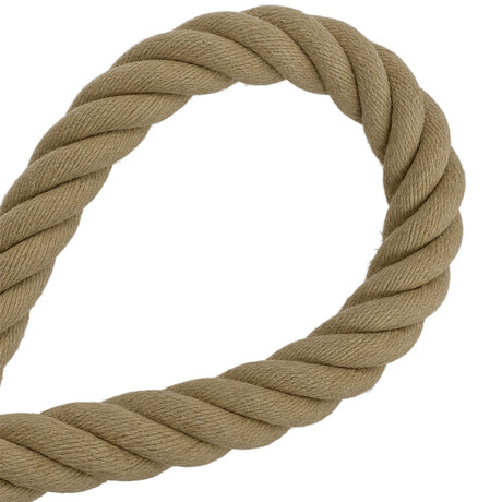 A close-up of 36mm natural flax hemp rope, arranged in a loop against a solid white background.