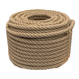Coil of 36mm brown jute rope tied with twine against a white background
