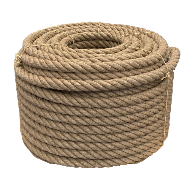 Coil of 36mm brown jute rope tied with twine against a white background