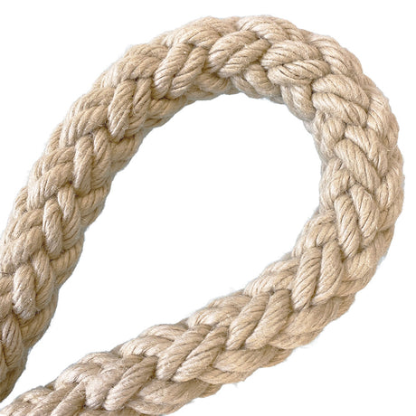 Close-up of a loop of plaited sythetic hemp rope on a white background