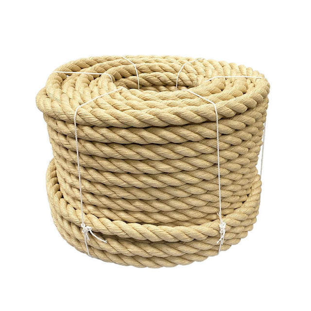 Coil of natural coloured 36mm synthetic hemp rope on a white background