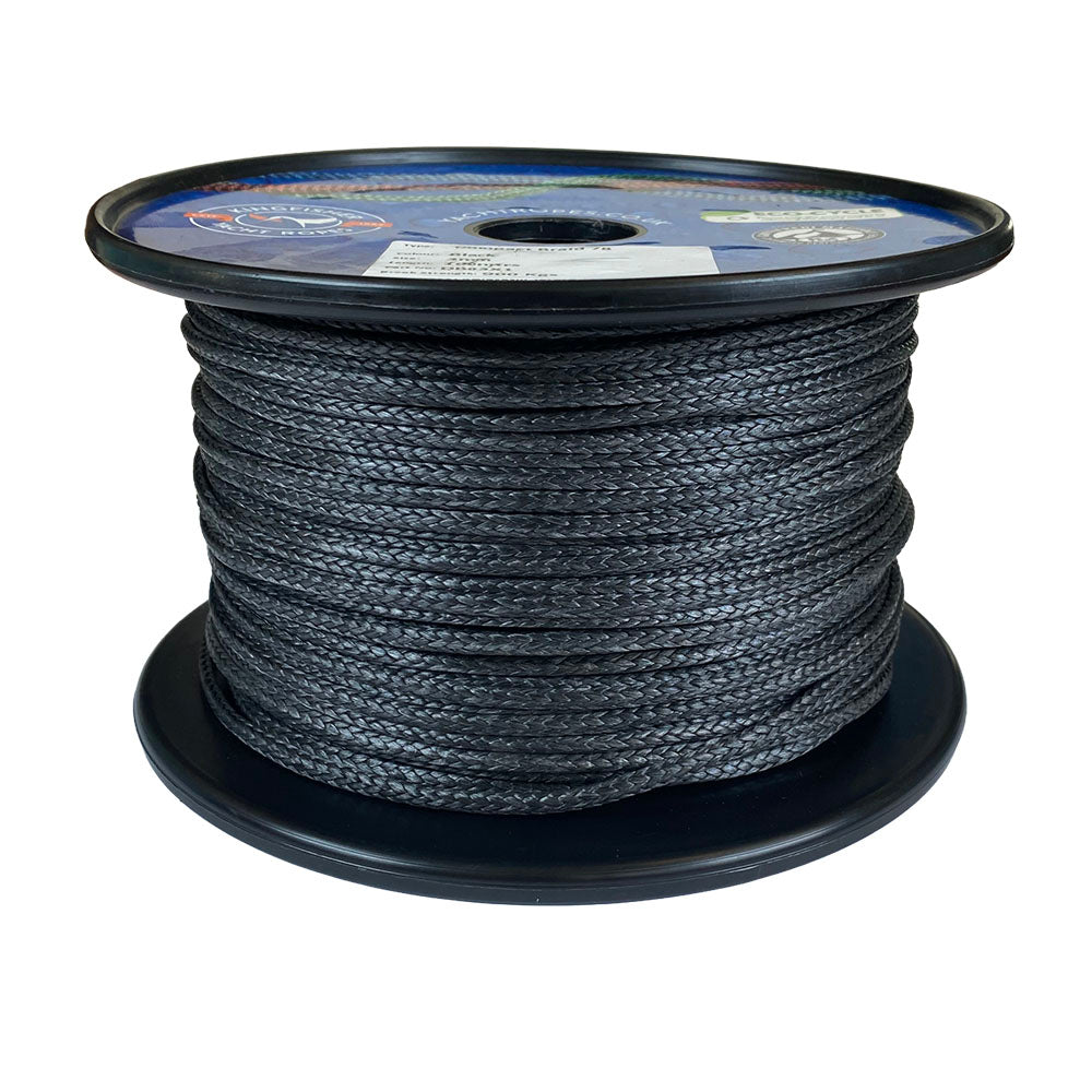 Spool of black 3mm dyneema braid on a black reel with a white background