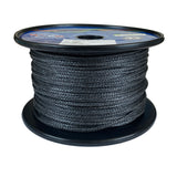 Spool of black 3mm dyneema braid on a black reel with a white background