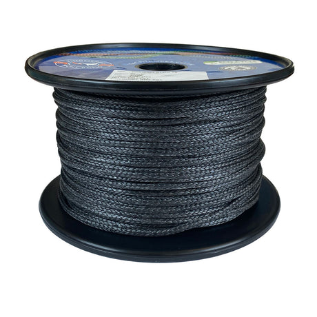 Spool of black 3mm dyneema braid on a black reel with a white background