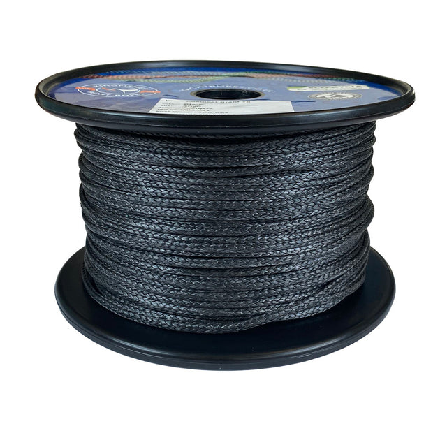 Spool of black 3mm dyneema braid on a black reel with a white background