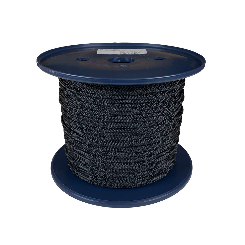 Spool of 3mm black braided polyester cord on a plastic reel with a white background