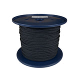 Spool of 3mm black braided polyester cord on a plastic reel with a white background