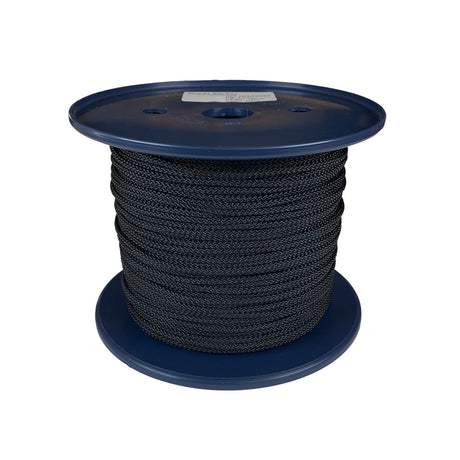 Spool of 3mm black braided polyester cord on a plastic reel with a white background