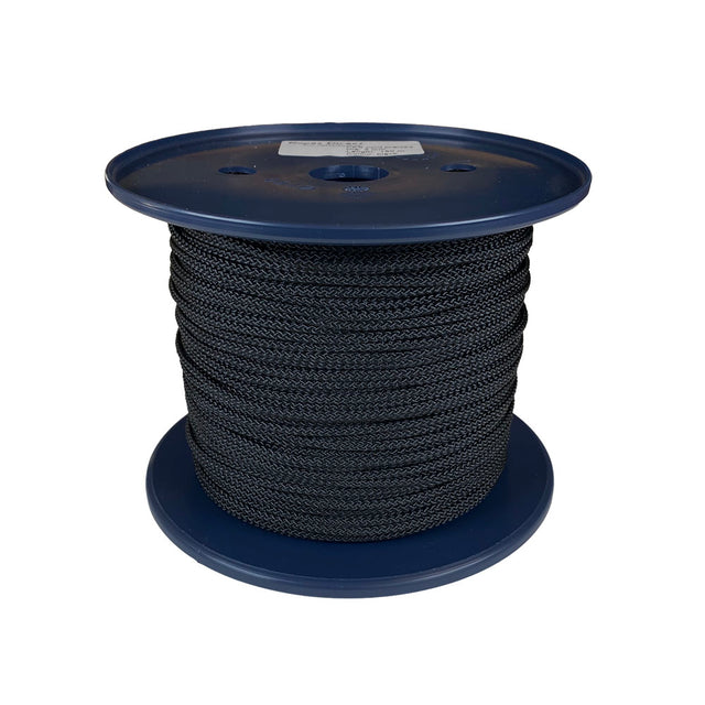 Spool of 3mm black braided polyester cord on a plastic reel with a white background