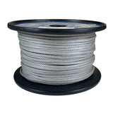 Spool of grey 3mm dyneema braid on a black reel with a white background
