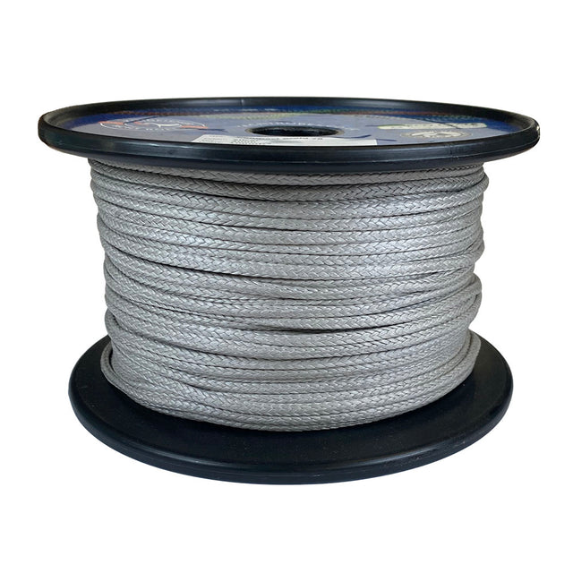 Spool of grey 3mm dyneema braid on a black reel with a white background