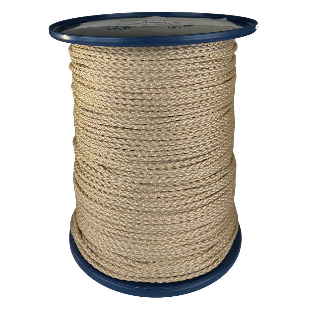 spool of 3mm beige braided cord on a plastic reel on a white background