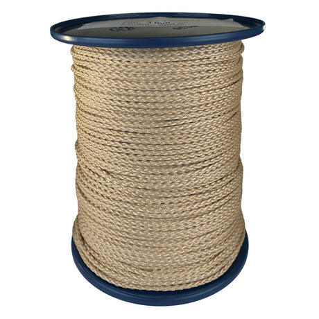 spool of 3mm beige braided cord on a plastic reel on a white background