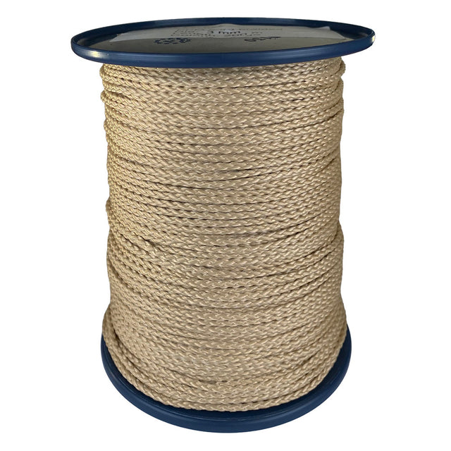 spool of 3mm beige braided cord on a plastic reel on a white background
