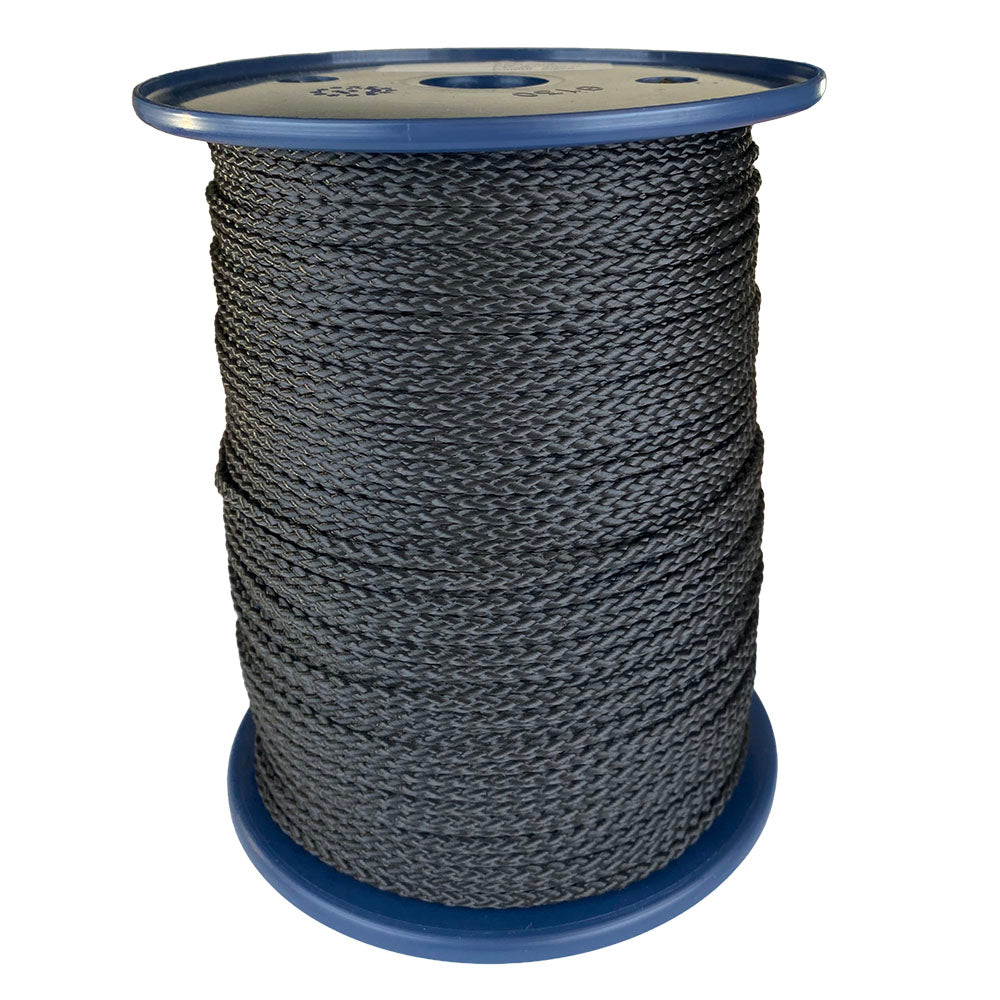 spool of 3mm black braided cord on a plastic reel on a white background