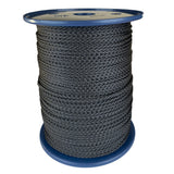 spool of 3mm black braided cord on a plastic reel on a white background