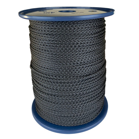 spool of 3mm black braided cord on a plastic reel on a white background