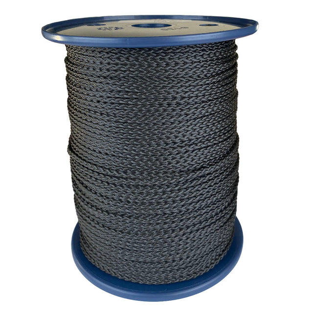 spool of 3mm black braided cord on a plastic reel on a white background