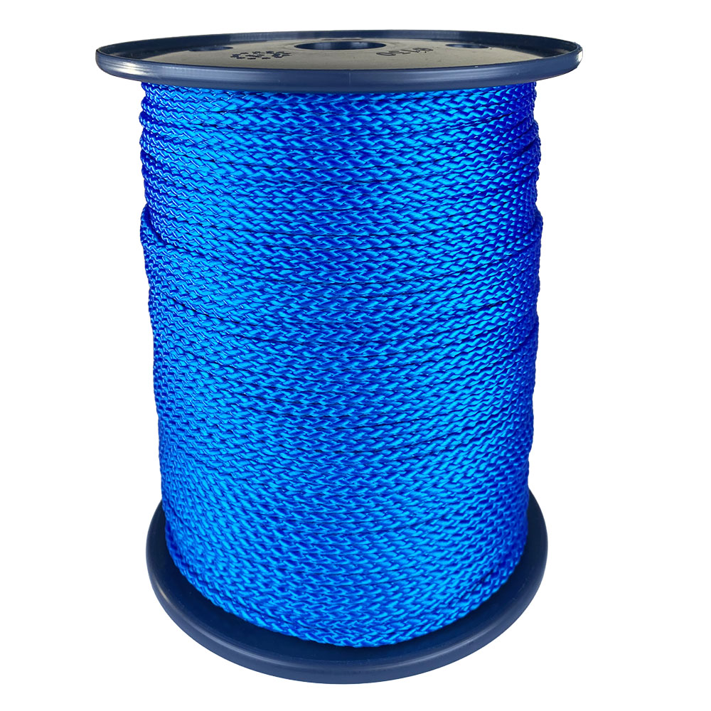 spool of 3mm blue braided cord on a plastic reel on a white background