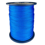 spool of 3mm blue braided cord on a plastic reel on a white background