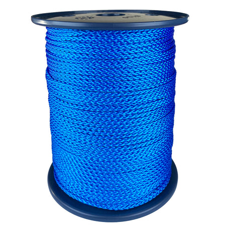 spool of 3mm blue braided cord on a plastic reel on a white background