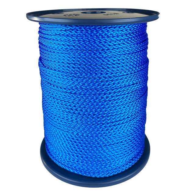 spool of 3mm blue braided cord on a plastic reel on a white background