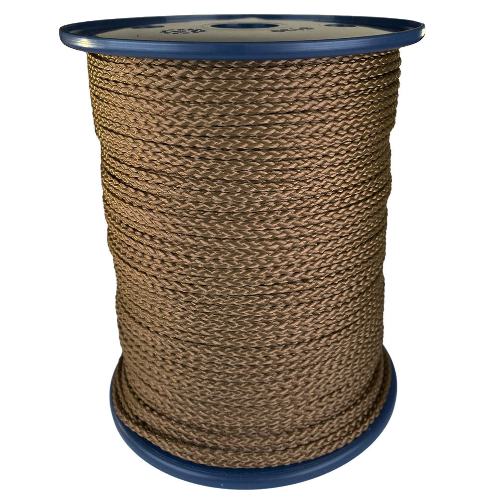 spool of 3mm brown braided cord on a plastic reel on a white background