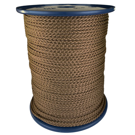 spool of 3mm brown braided cord on a plastic reel on a white background