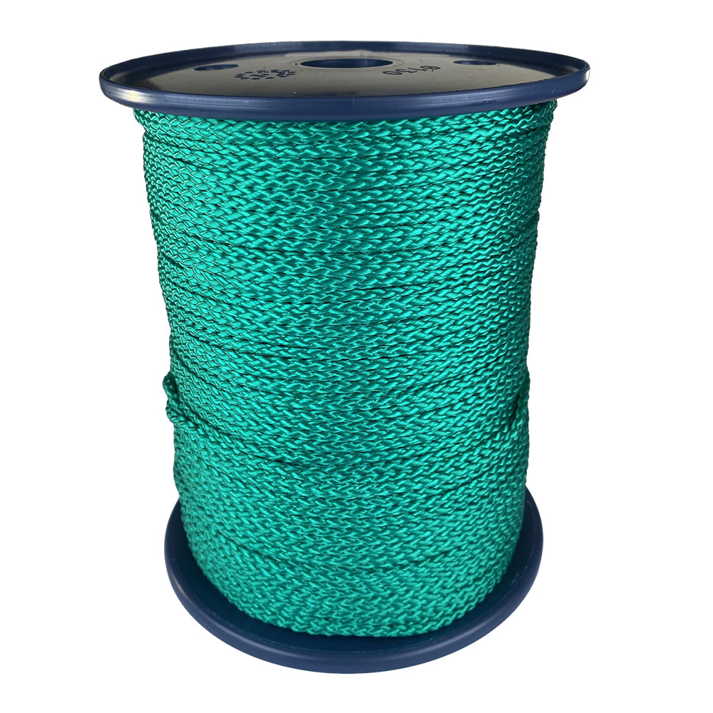 spool of 3mm green braided cord on a plastic reel on a white background