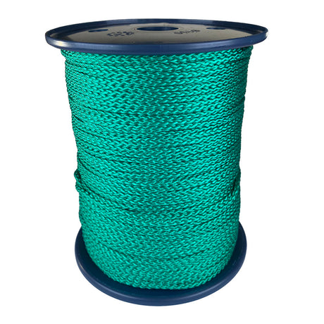 spool of 3mm green braided cord on a plastic reel on a white background