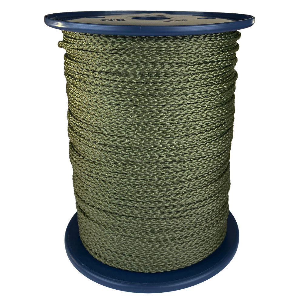 spool of 3mm khaki braided cord on a plastic reel on a white background