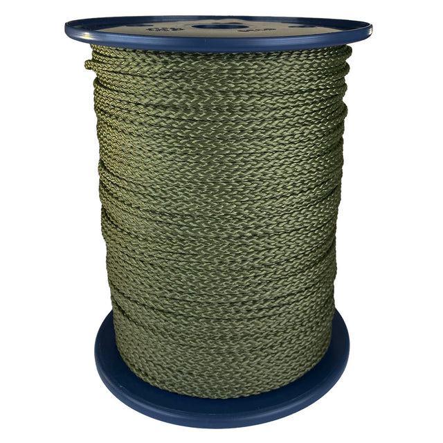 spool of 3mm khaki braided cord on a plastic reel on a white background