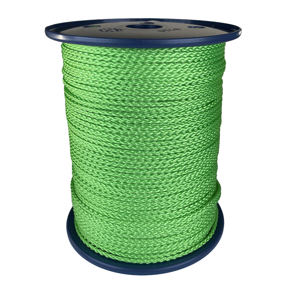 spool of 3mm lime green braided cord on a plastic reel on a white background