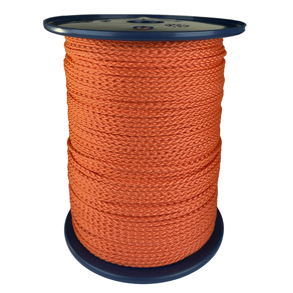 spool of 3mm orange braided cord on a plastic reel on a white background