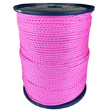 spool of 3mm pink braided cord on a plastic reel on a white background