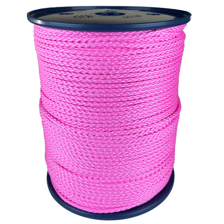 spool of 3mm pink braided cord on a plastic reel on a white background